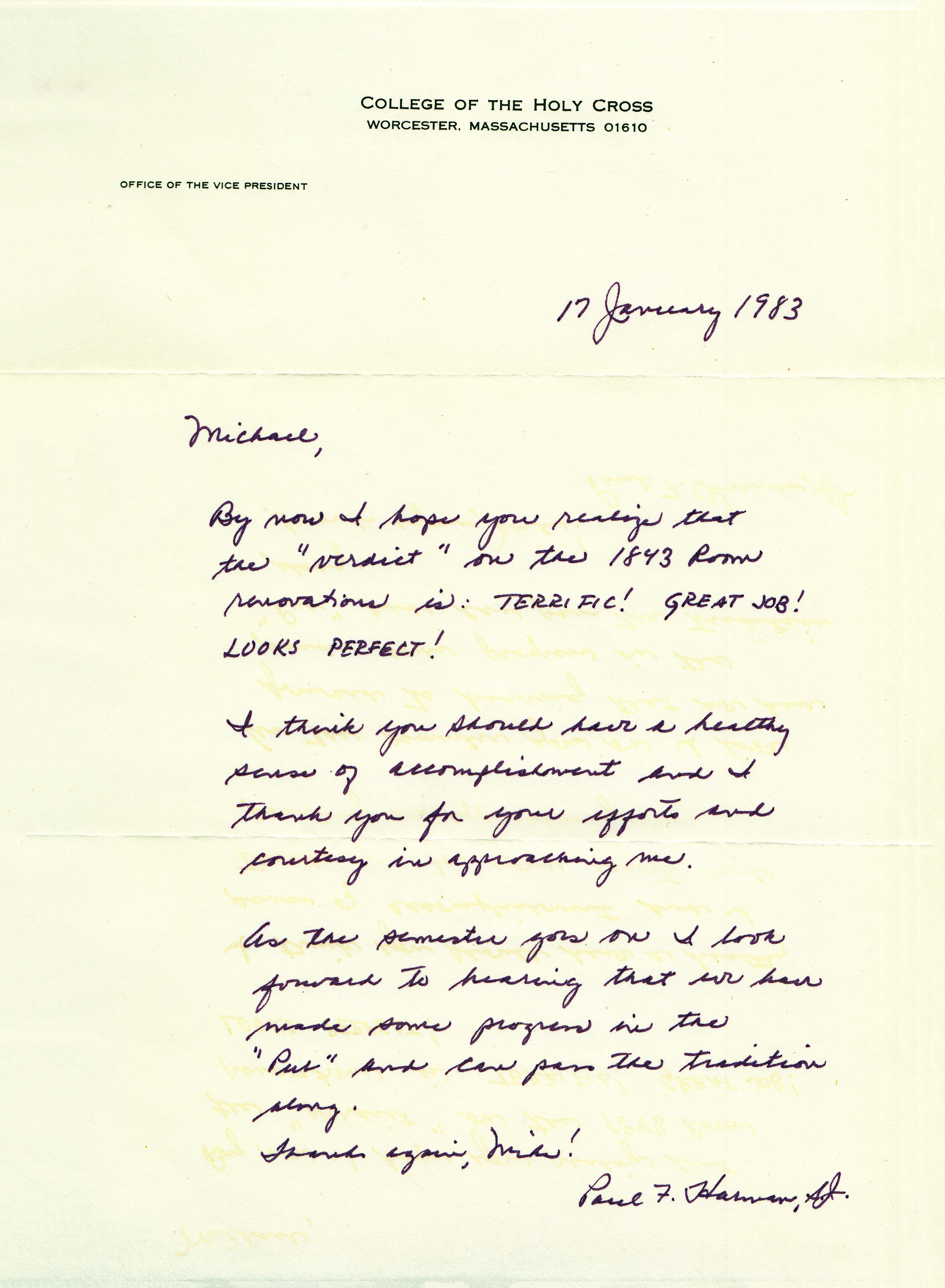 A handwritten letter describing the completion of renovations at The Pub