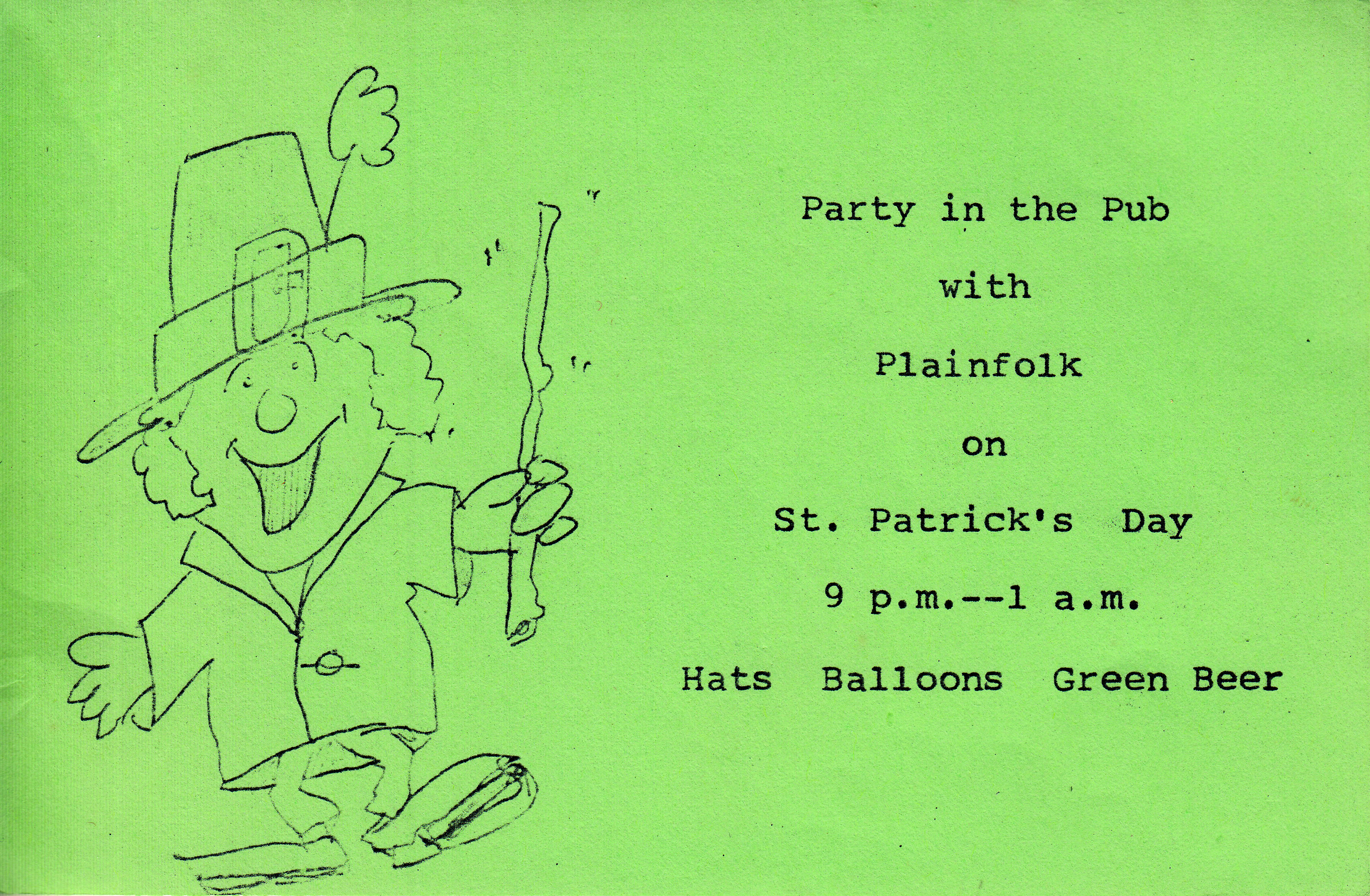 A green piece of paper with a leprechaun describing a St. Patrick's Day event