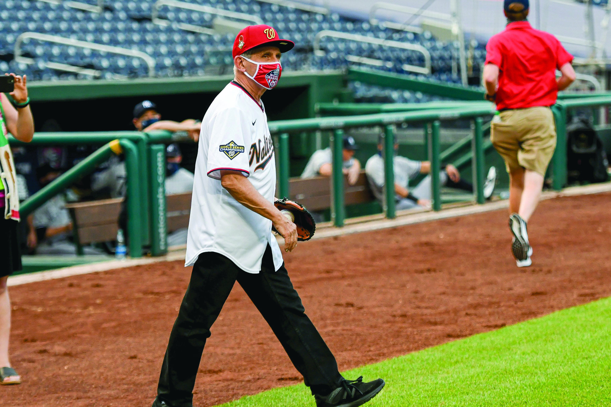 Fauci Preparing to throw out the first pitch at the Washington Nationals season opener in 2020.