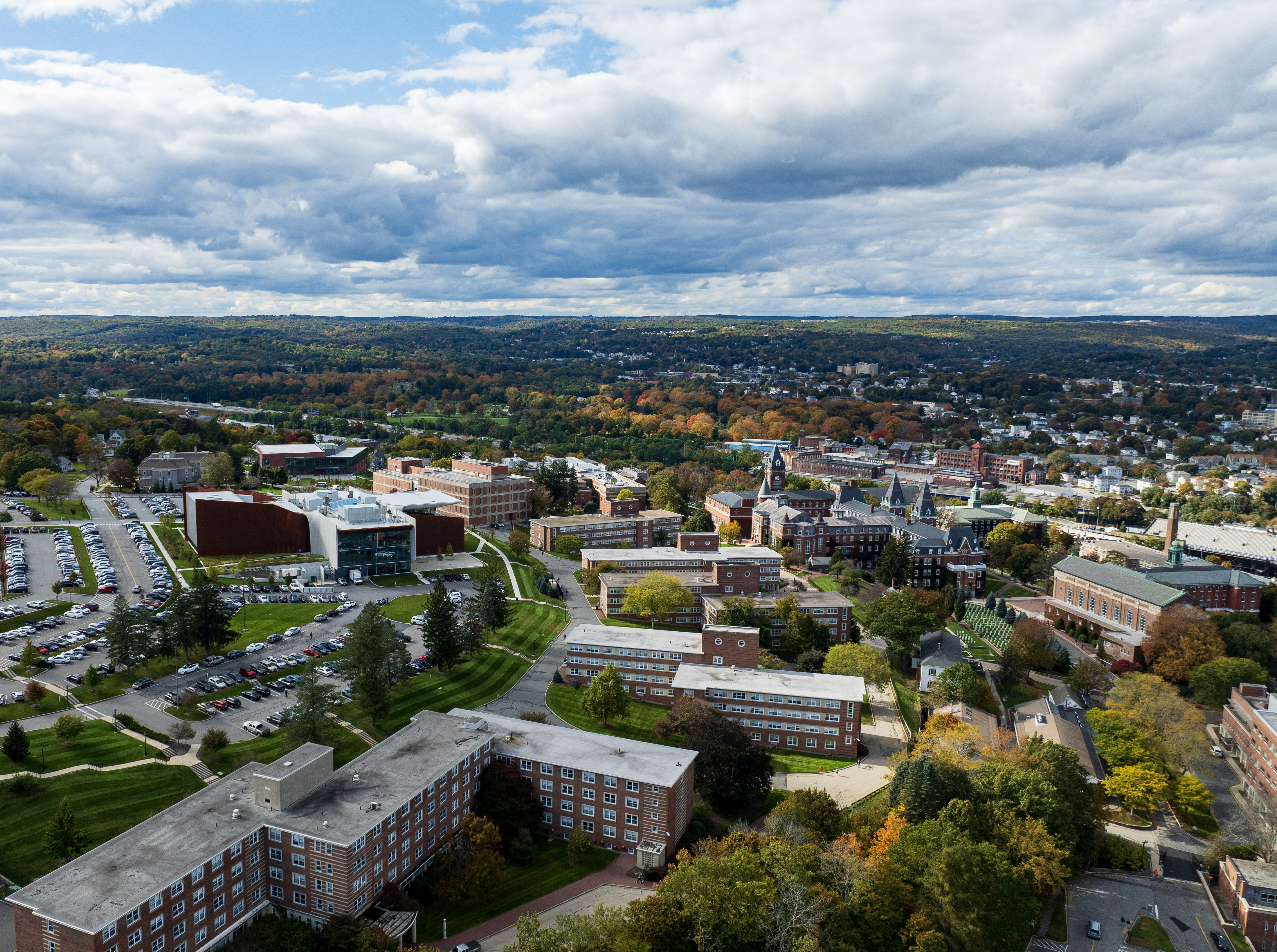 aerial drone image of the Holy Cross and surrounding Worcester, MA