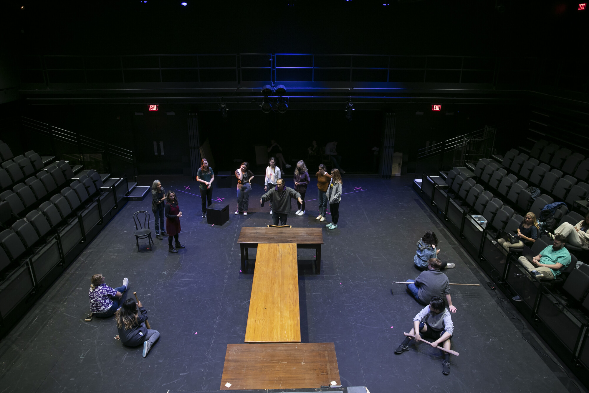 Aerial view of students rehearsing a play in the Boroughs Theatre
