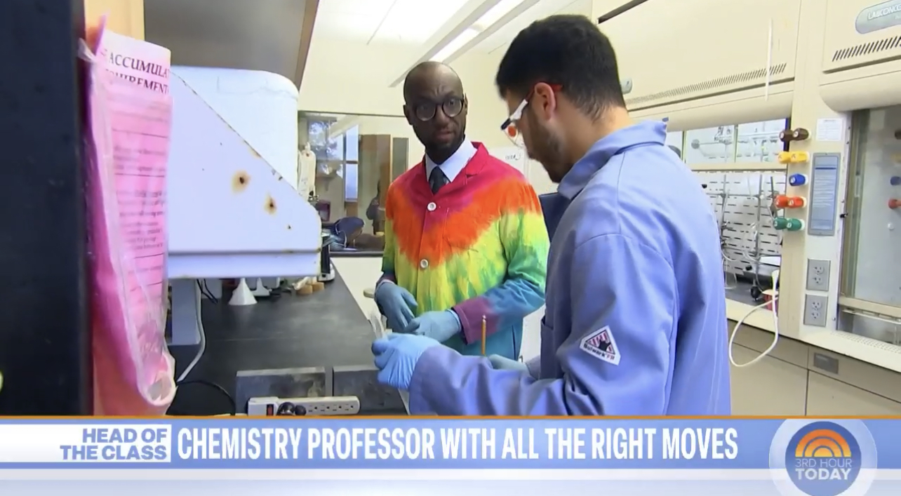 Omar Afifi and his chemistry professor, André Issacs, in a lab on the Today Show