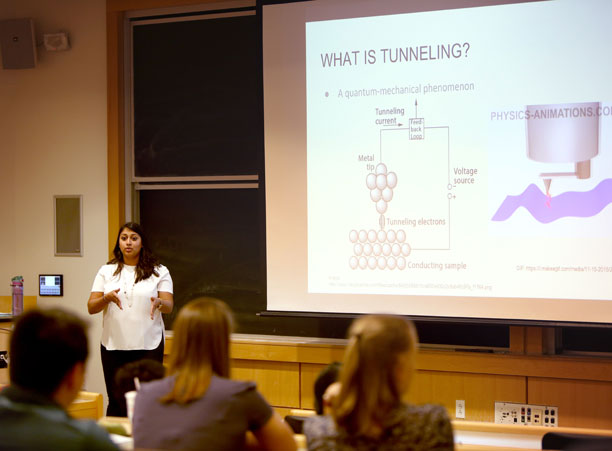 Suhasini Aravinthan '18 offers a chemistry presentation titled “Mannich Condensations with Hexamethylene Diamine” during the Academic Conference in Smith Labs 155.
