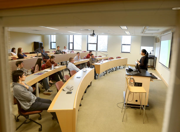 Wanlin Zhang '17 presents her research titled “A structural investigation and splicing study of inteins from Halobacteria,” during the biochemistry presentations given in Smith Labs during the Academic Conference.