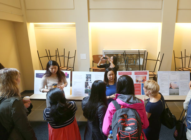 Students in the modern languages and literatures department display posters and give presentations in the Stein Atrium during the Academic Conference. Poster presenters included Holly Nord ’17 and Suji Yi ’17, who both spoke about experiences in China.