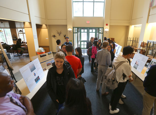 Students in the modern languages and literatures department display posters and give presentations in the Stein Atrium during the Academic Conference.