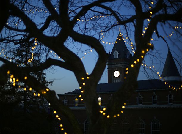 Lights brighten up campus as the sun sets.