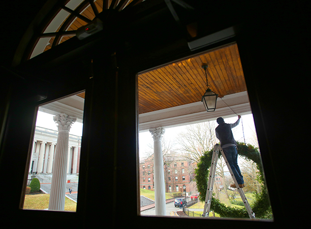 The biggest wreath on campus is hung on O’Kane Porch.