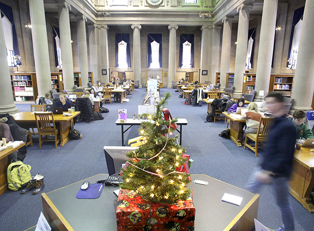Dinand Library gets into the Christmas spirit with a mini decorated tree in the Main Reading Room.