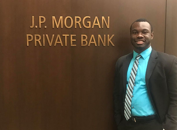Akeem Walcott '19, a sociology major, interns at JPMorgan Chase &amp; Co in Chicago, Illinois.