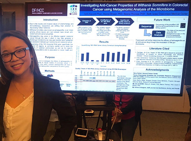 A student stands in front of a scientific poster