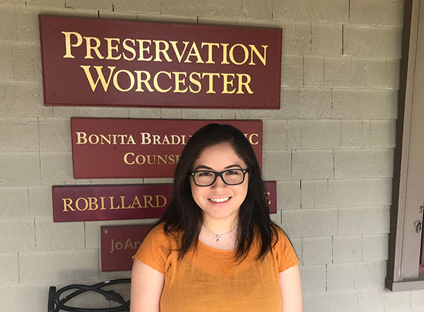 Karina Cardenas '19, an architectural studies major with minors in Chinese and studio arts, interns at Preservation Worcester in Worcester, Mass.