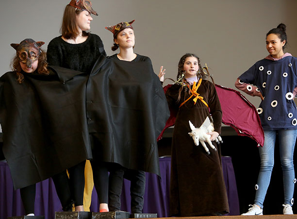 Ursuline Academy students compete dressed up as mythical monsters Cerberus, Medusa and Argus.