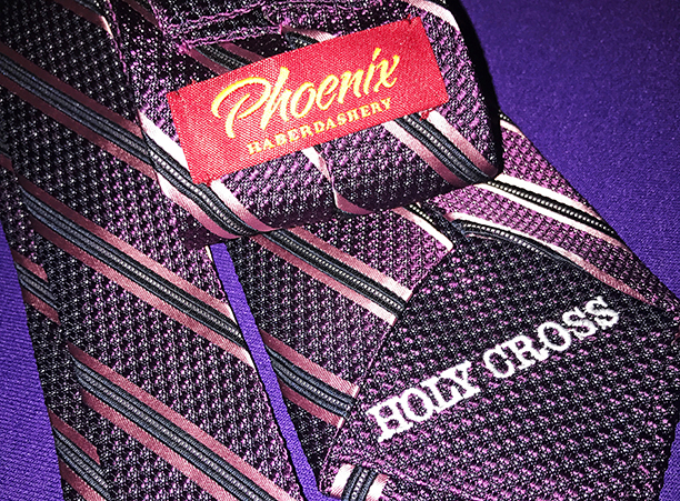 A deluxe reversible tie cut, sewn, folded and packaged here in Worcester.