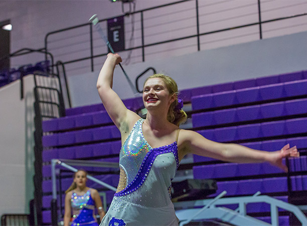 The Crusader Pep Band's featured twirler, Margot Reed '18, performs alongside the Pep Band at the dedication ceremonies.