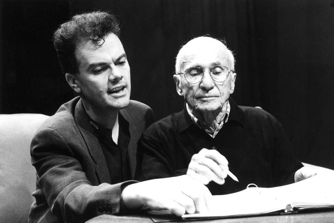 Saint reviewing a script with theatre legend and mentor Arthur Laurents.