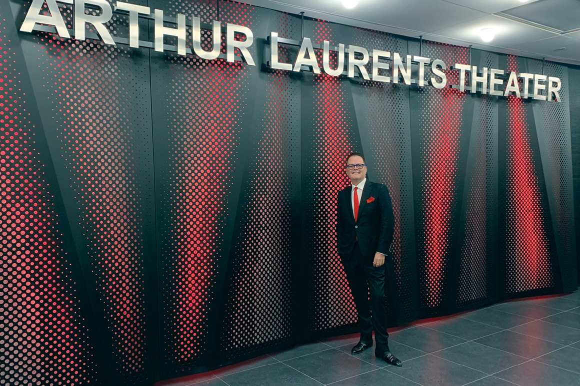 Saint stands in front of the new Arthur Laurents Theater at the George Street Playhouse in New Brunswick, New Jersey, his artistic home of 23 years.