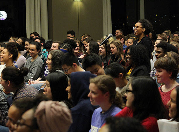 A student asks Roxane Gay a question during the author's on-campus discussion.