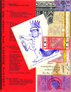 A scrap book with red and black text and an illustration of a boy in an animal suit wearing a crown