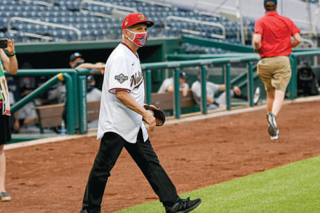 Fauci Preparing to throw out the first pitch at the Washington Nationals season opener in 2020.