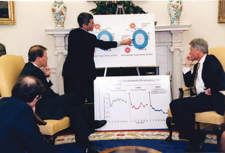 Fauci walking President Bill Clinton through HIV treatment strategies.