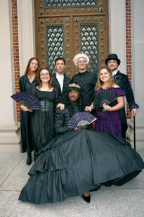 A group of people dressed as characters from the television show "Bridgerton"