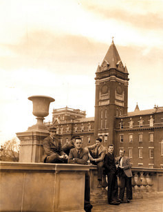 Sepia photo of students outside Dinand