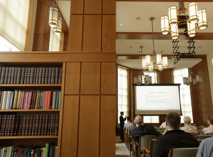Charles Schufreider '17, a member of the College Honors Program, presents his honors thesis, "On the Format of the Scholia to the Iliad in the Venetus A Manuscript,” in Rehm Library