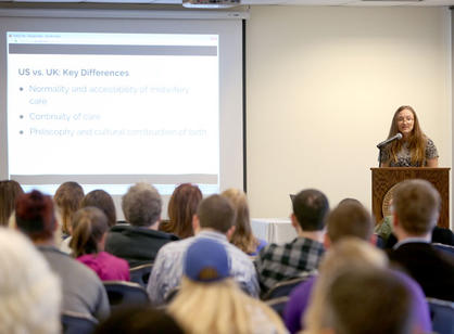 Hildie Hoeschen '17 presents "Call the Midwife?: A Comparative Analysis of Women's Lived Experiences of Childbirth Under the Care of a Midwife in the United States and United Kingdom" during the sociology and anthropology honors session of the Academic Conference.