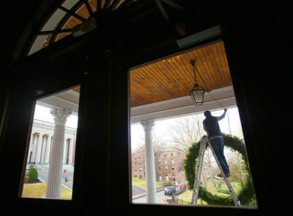 The biggest wreath on campus is hung on O’Kane Porch.