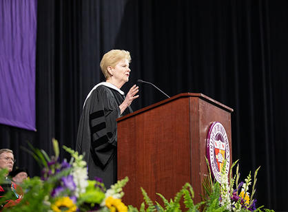 Renowned scholar of Islam Jane McAuliffe speaks to graduates during her commencement address.
