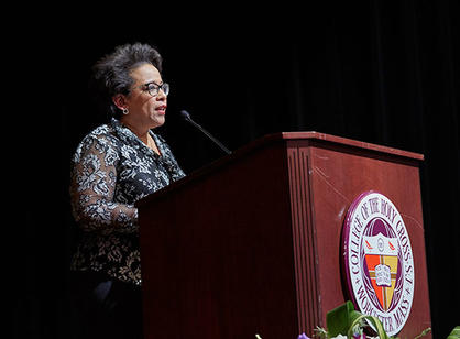 Loretta Lynch addresses students and alumni in the Hogan Ballroom