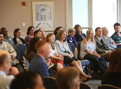 Students, faculty and staff filled the room for the Sanctae Crucis panel discussion