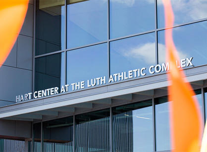 Bright streamers decorate the entrance of the new Hart Center at the Luth Athletic Complex for the dedication celebrations.