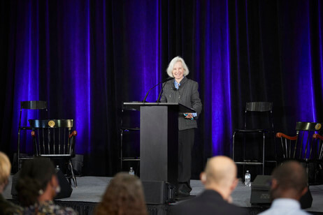 Former Dean of Harvard Law School Martha Minow speaking at a faculty symposium held in Dinand Library. Photo by Michael Quiet