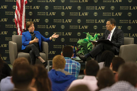 Rougeau is seen here with Supreme Court Justice Elena Kagan in 2015 at BC Law, where Rougeau, then dean, moderated a Q&amp;A where she shared keys to success with students.