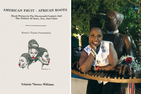 (left) The 1990 program for Rabun’s groundbreaking honors thesis performance; (right) with a statue of Nina Simone in Tryon, North Carolina