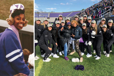 Rabun at Holy Cross in 1986 (left) and with her classmate and fellow cheerleader Jacqueline Abercrombie ’90 and the Holy Cross cheerleading squad in 2018.