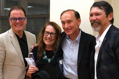 Saint, Dowd, author Chris Bohjalian and actor Lou Diamond Phillips in a 2019 reading of Bohjalian’s “Midwives,” a George Street Playhouse production.