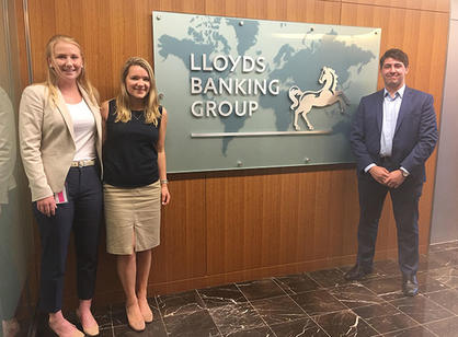- Olivia D'Anna (center), an economics and Italian double major, and Brooks Young '19 and Megan Lawlor '19, both economics majors, intern at Lloyds Bank in New York, New York.