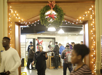 The College’s main dining hall, Kimball Hall, is decorated for the holidays.