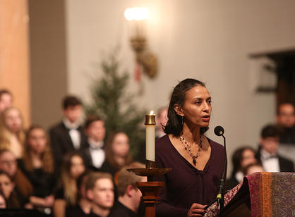 Michele Murray, vice president of student affairs and dean of students, offers a reading during Advent Festival of Lessons &amp; Carols.