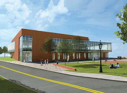 A rendering of the new Joanne Chouinard-Luth Recreation and Wellness Center, with mock students studying on the grass