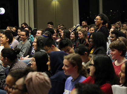 A student asks Roxane Gay a question during the author's on-campus discussion.