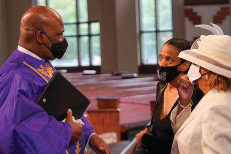 In conversation after worship with Tameka Bell, the church’s director of communications, and African Methodist Episcopal Bishop Carolyn Tyler Guidry, the second female bishop elected in the AME church.