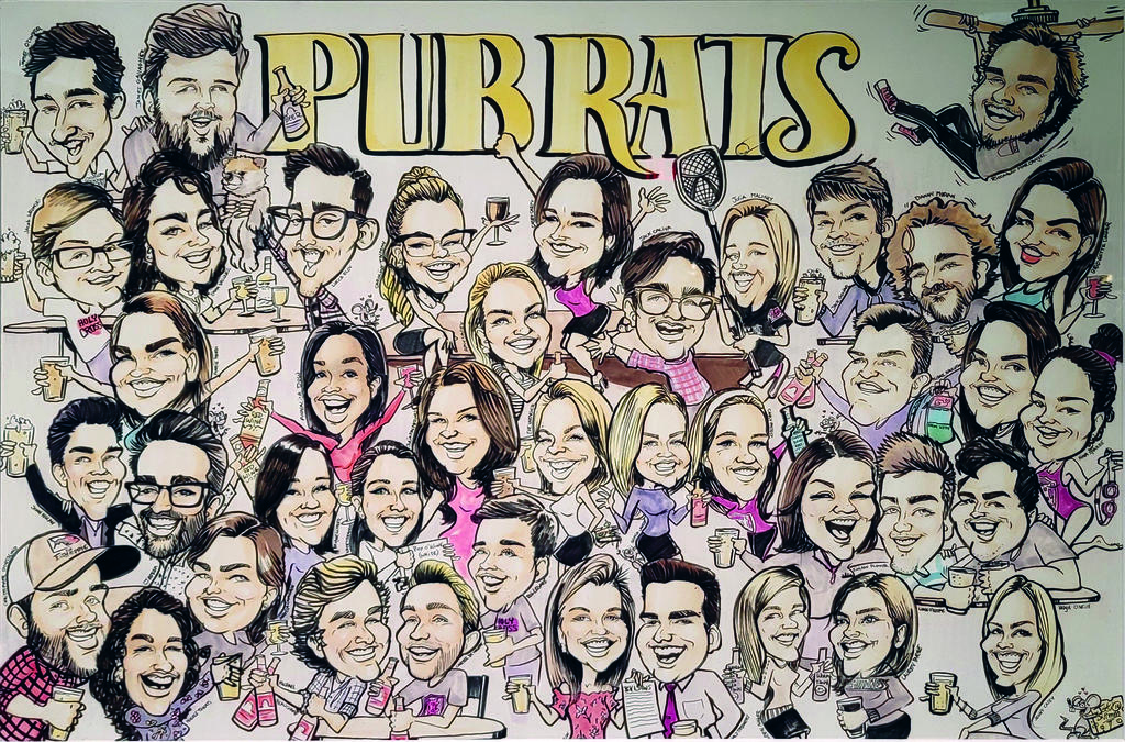 Dozens of caricatures of students who attended The Pub