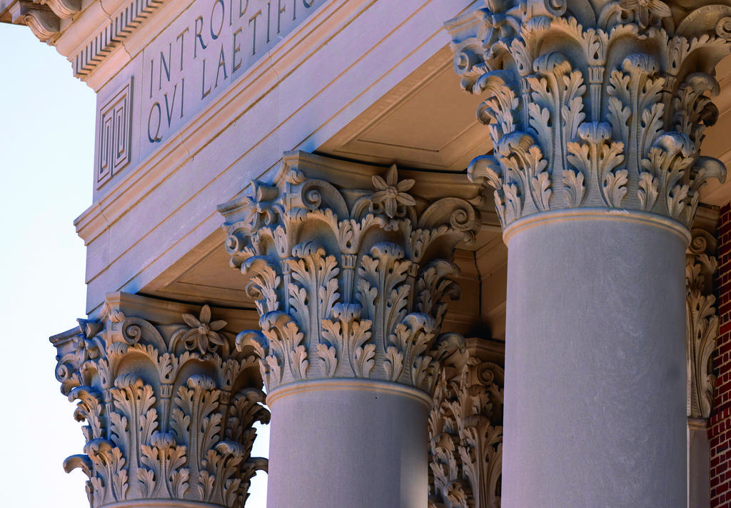 Close up view of the top of Corinthian columns