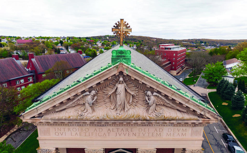 An aerial photo of a top of a church.