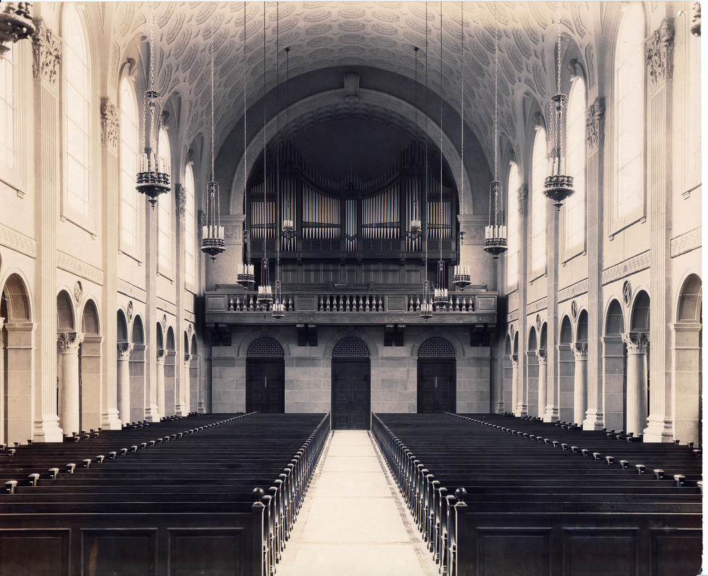 Black and white photo of a church interior.