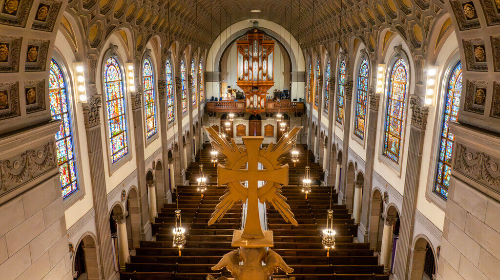Aerial shot of a church interior